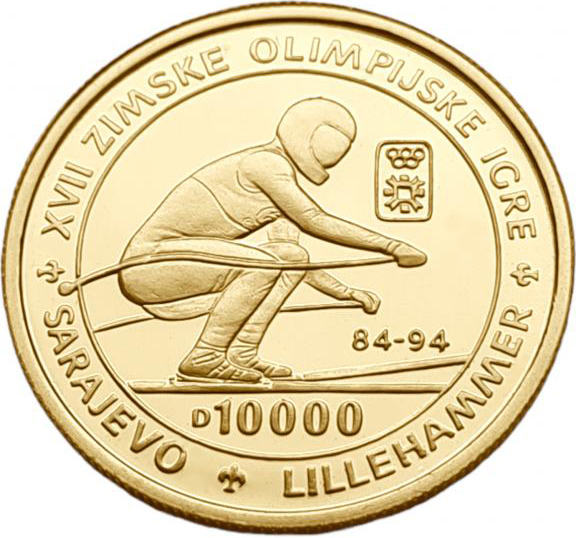 картинка Босния и Герцеговина. 10 000 динаров 1993 г. Золото. 6,22 г*0,999 0.2 oz. Олимпиада! Горные Лыжи! от магазина Одежда+