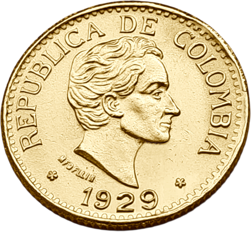 картинка Колумбия. 5 Песо 1929 г. Золото. 7.9881 г*0.917 0.2355 oz. от магазина Одежда+
