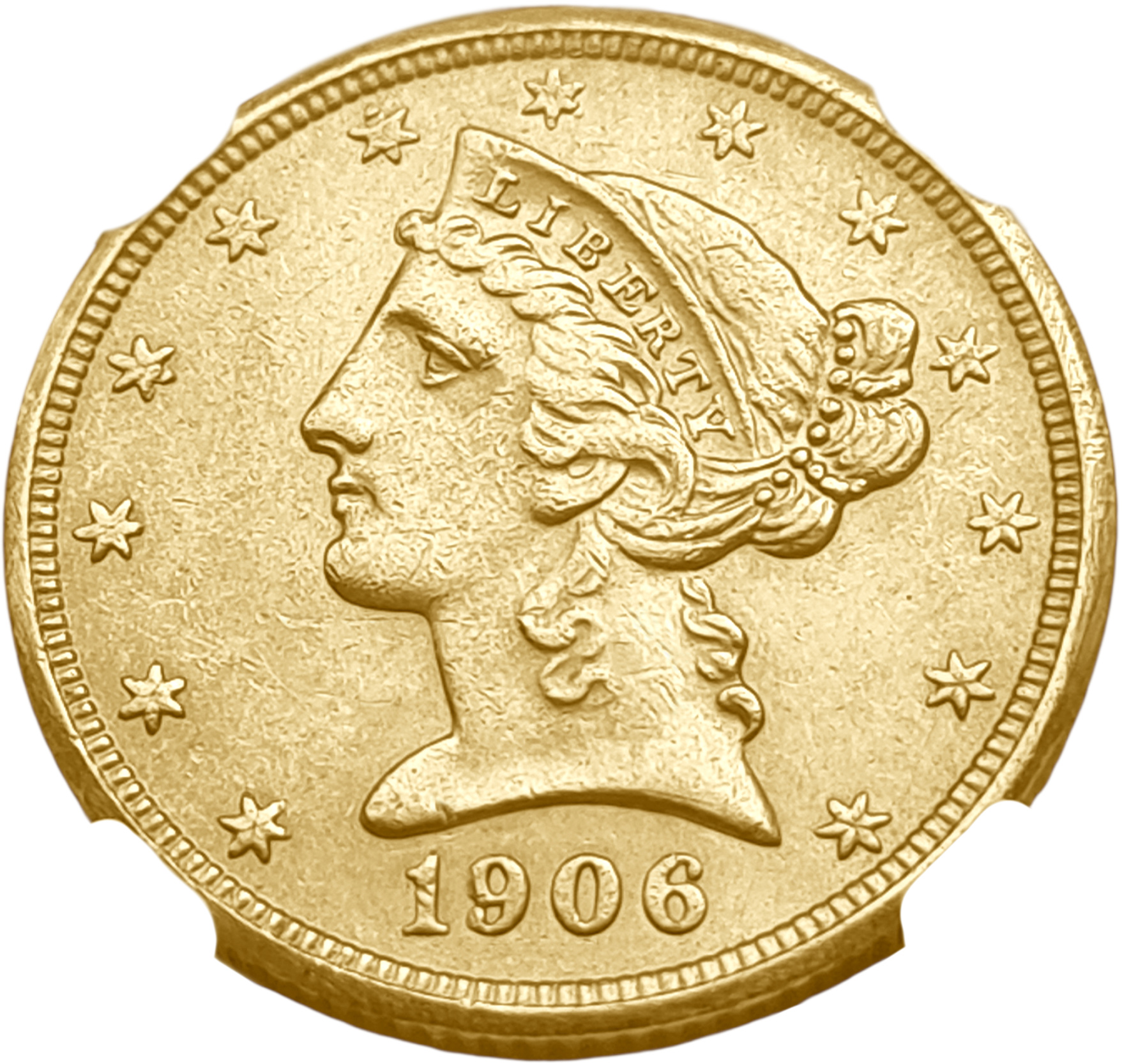 картинка США. 5 Долларов 1906 г. Золото. 8.359 г*0.900 0.2419 oz. (S). СЛАБ NGC MS 61! от магазина Одежда+