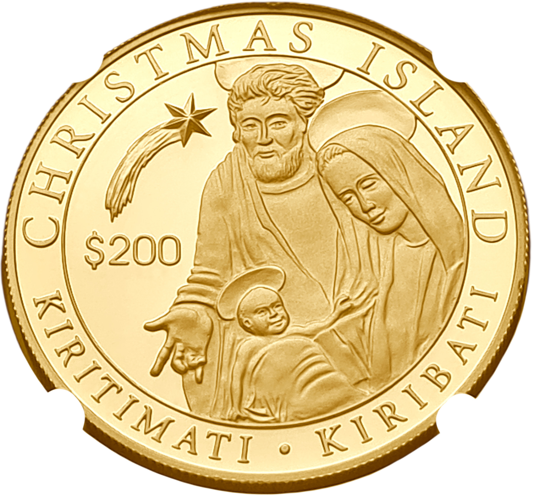 картинка Кирибати. 200 Долларов 2005г. Золото. 31.11 г*0.999 1.0 oz. Рождество! Тираж 500 ШТ! СЛАБ NGC PF69 ULTRA CAMEO! от магазина Одежда+