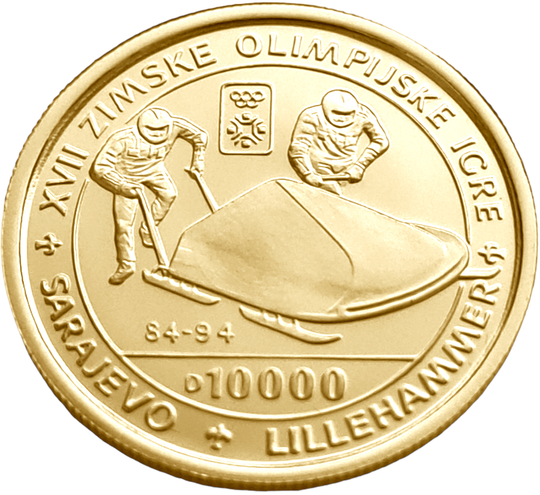 картинка Босния и Герцеговина. 10 000 Динаров 1993 г. Золото. 6.22 г*0.999 0.2 oz. Олимпиада! Бобслей! от магазина Одежда+