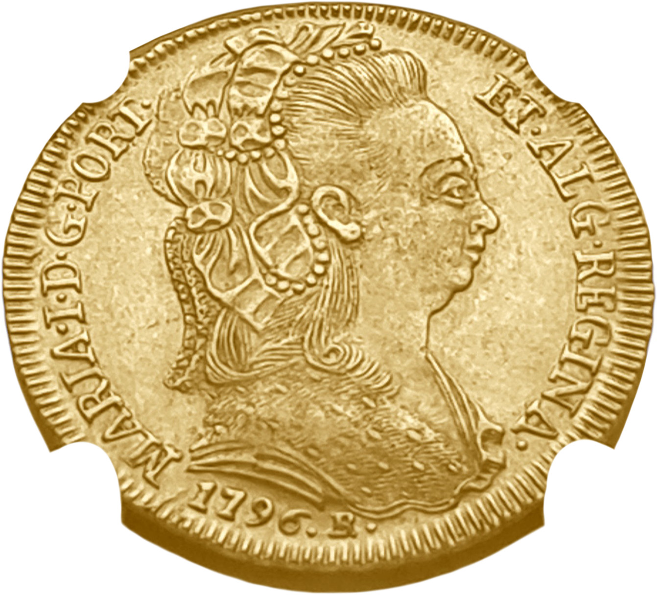 картинка Бразилия. 6400 Рейс 1796 г. Золото. 14.34 г*0.917 0.4229 oz. СЛАБ NGC AU 58! от магазина Одежда+