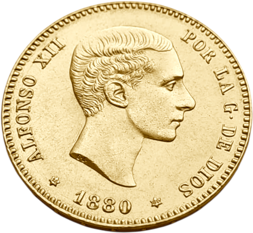 картинка Испания. 25 Песет 1880(1880) г. Золото. 8.0645 г*0.900 0.2333 oz. от магазина Одежда+