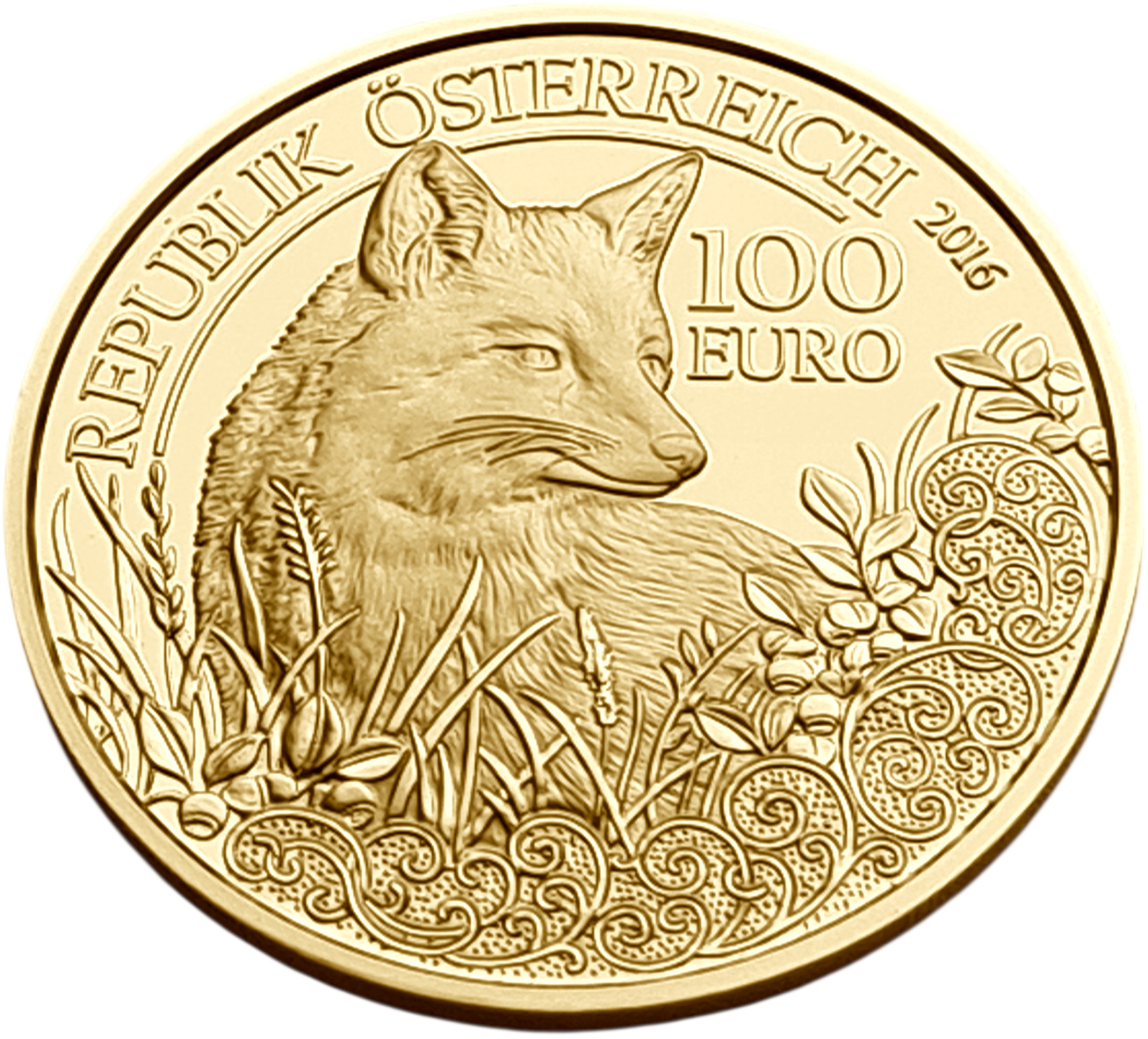 картинка Австрия. 100 Евро 2016 г. Золото. 16.23 г*0.986 0.5145 oz. Дикая Природа! Лиса! Сертификат! от магазина Одежда+