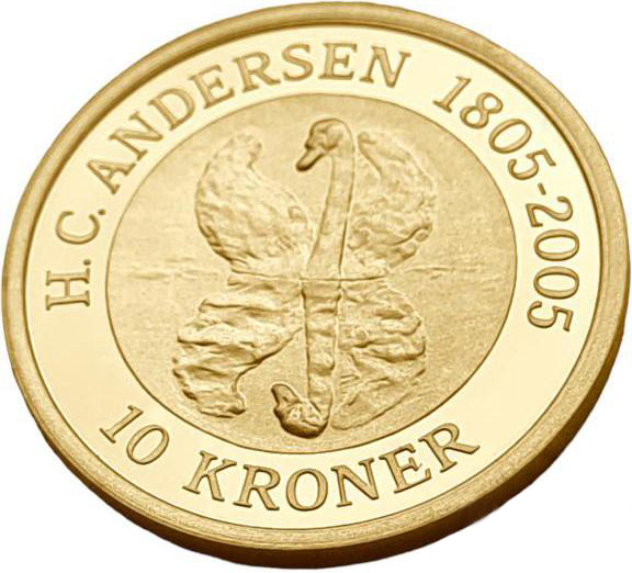 картинка Дания. 10 Крон 2005 г. Золото. 8.65 г*0.900 0.2503 oz. Андерсен! Гадкий Утенок! от магазина Одежда+