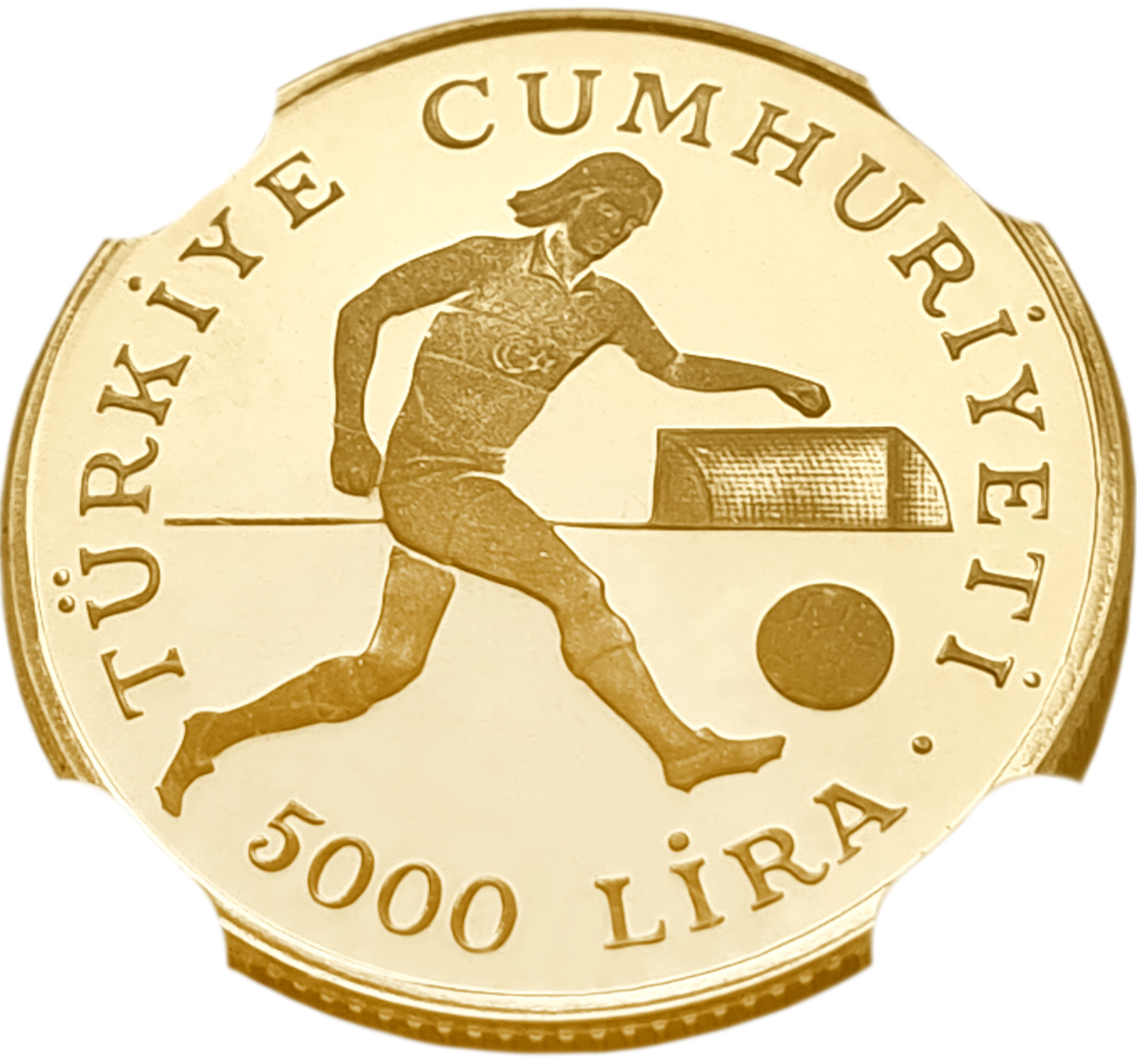 картинка Турция. 5000 Лир 1982 г. Золото. 7.13 г*0.500 0.1146 oz. Футбол! Пруф! СЛАБ NGC PF67 ULTRA CAMEO! от магазина Одежда+