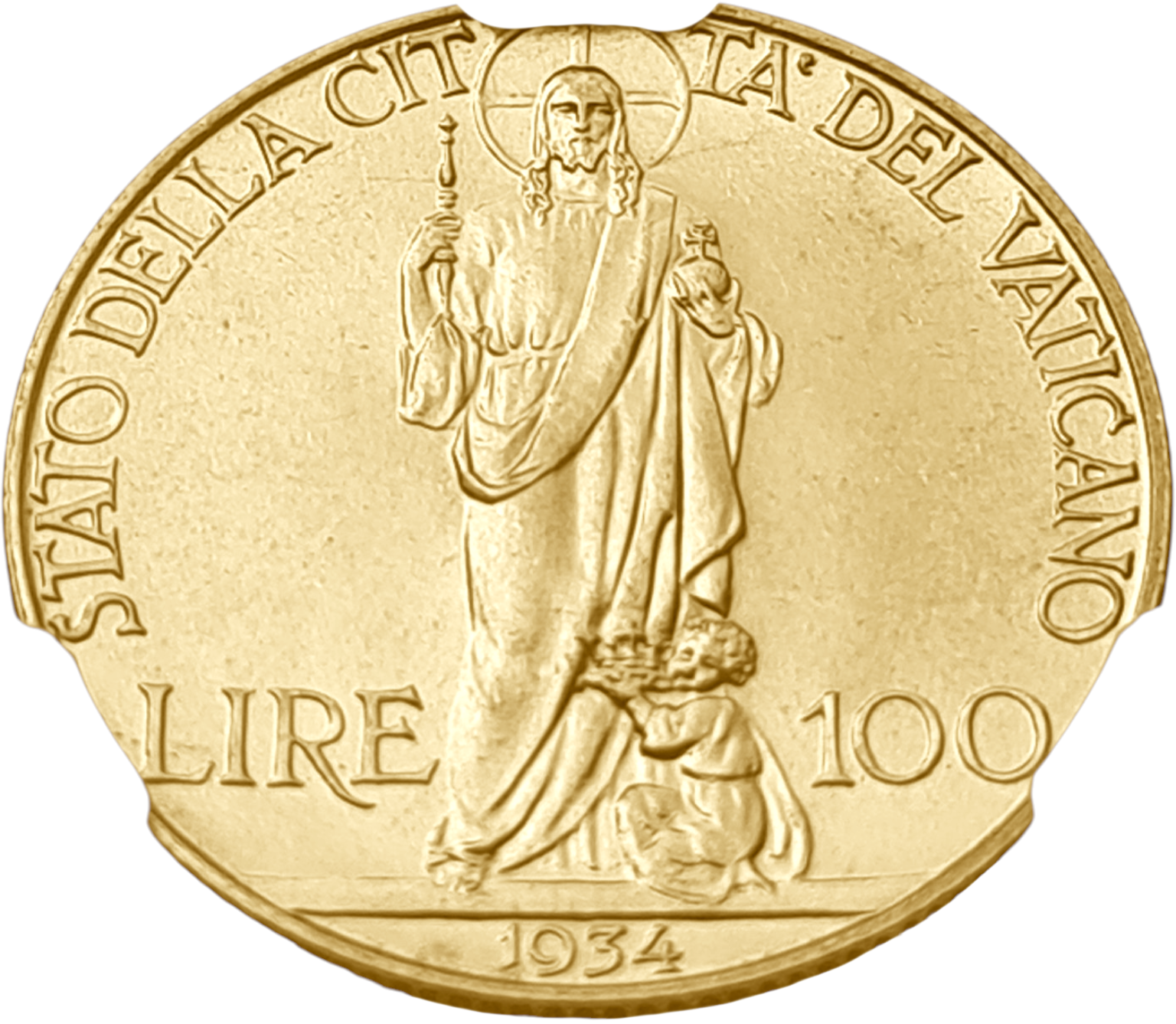 картинка Ватикан. 100 Лир 1934 г. Золото. 8.8 г*0.900 0.2546 oz. СЛАБ CPRC MS 64! от магазина Одежда+