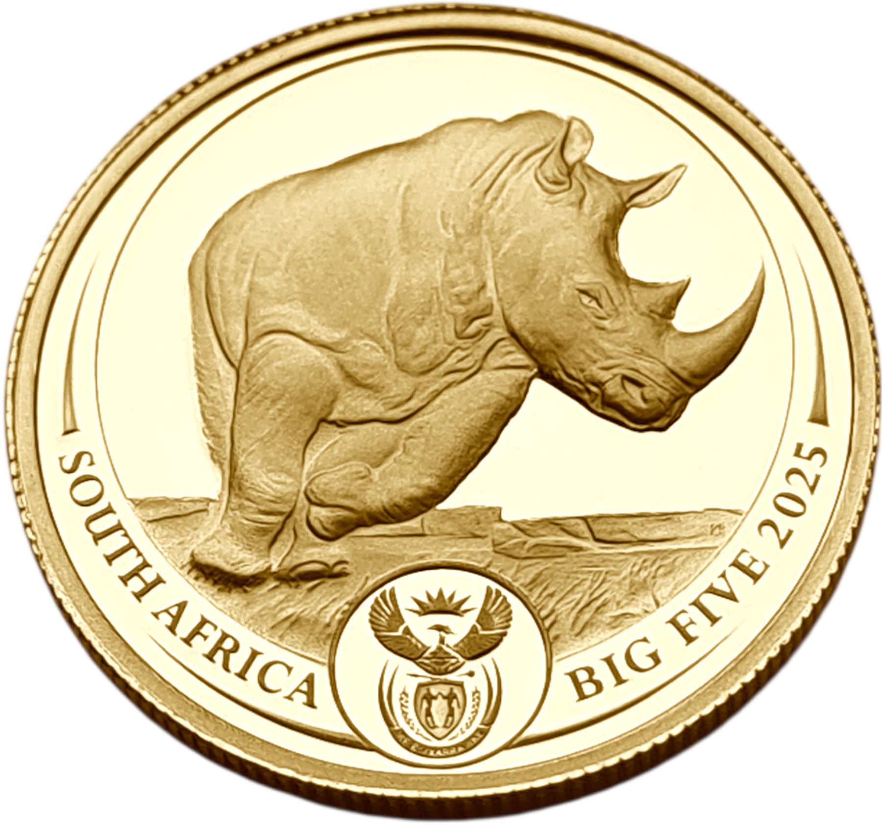 картинка ЮАР. 50 Рандов 2025г. Золото. 7.777 г*0.9999 0.25 oz. Большая Пятерка! Носорог! Коробка, Сертификат! от магазина Одежда+