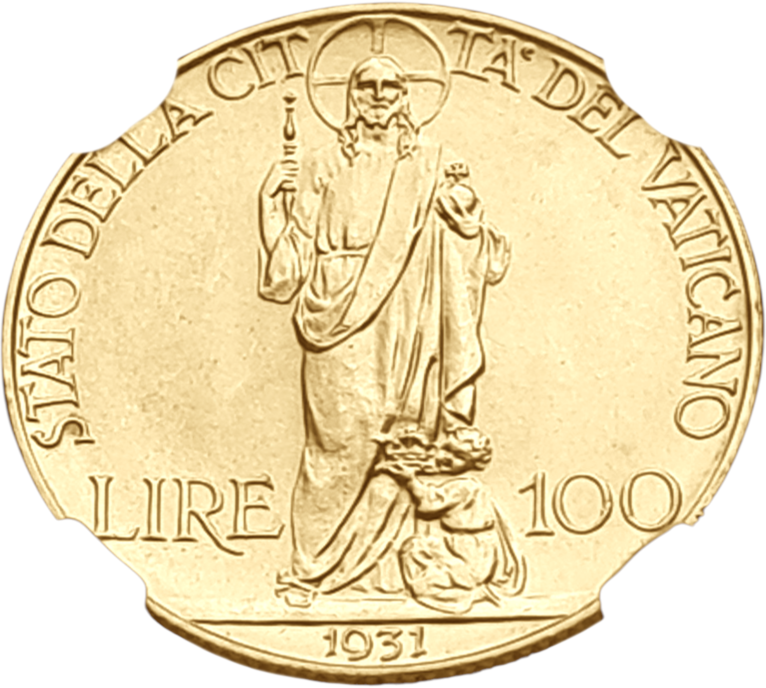 картинка Ватикан. 100 Лир 1931 г. Золото. 8.8 г*0.900 0.2546 oz. СЛАБ ННР MS 63! от магазина Одежда+