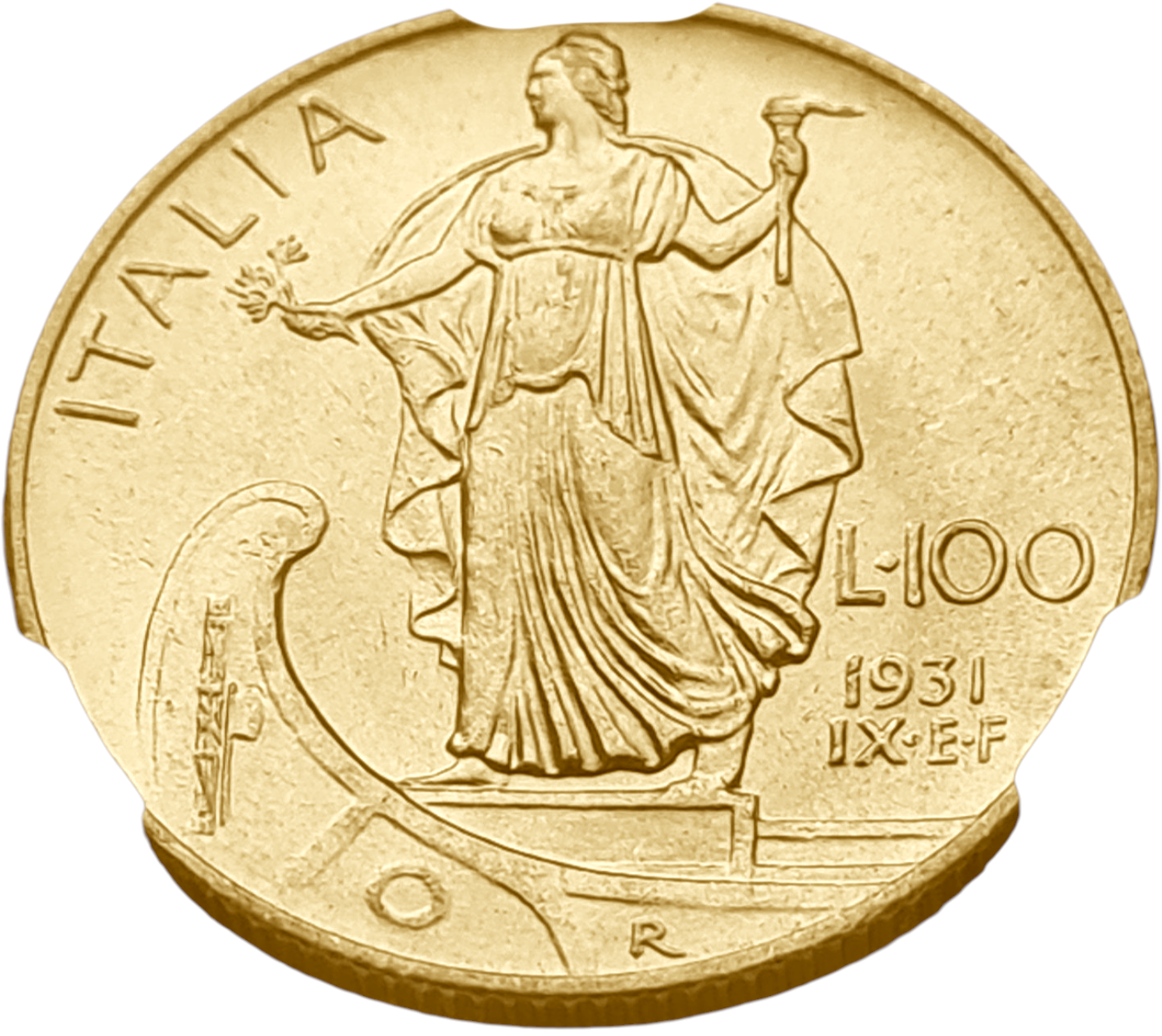 картинка Италия. 100 Лир 1931 г. Золото. 8.799 г*0.900 0.2546 oz. СЛАБ CPRC MS 62! от магазина Одежда+