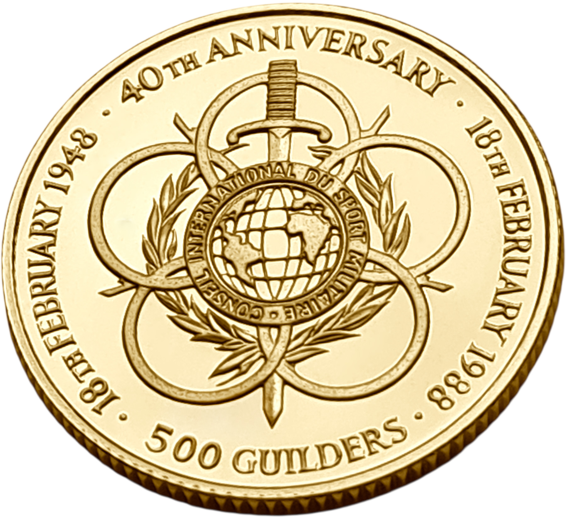 картинка Суринам. 500 Гульденов 1988 г. Золото. 7.98 г*0.917 0.2353 oz. Военный Спорт! от магазина Одежда+