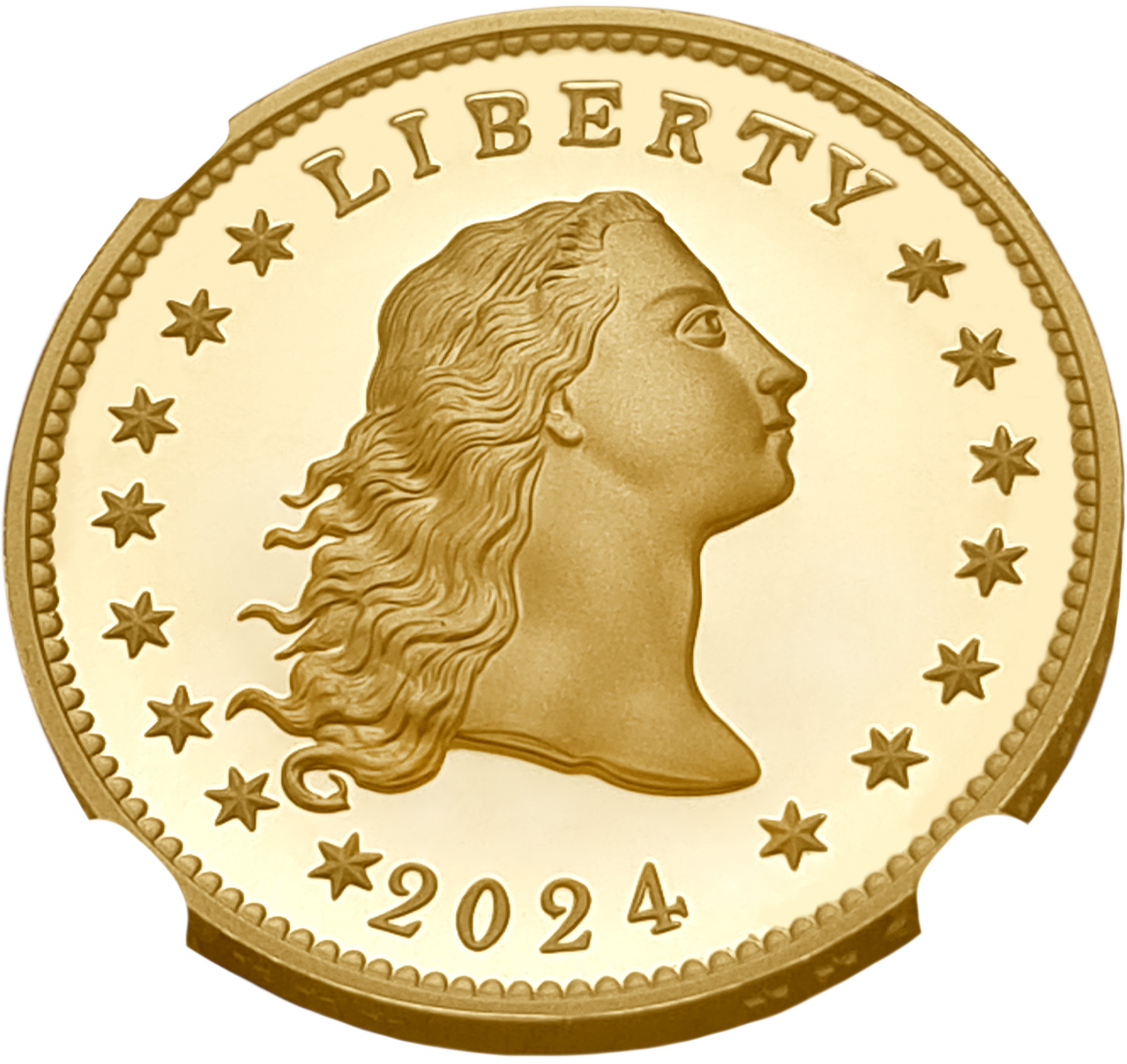 картинка США. 1 Доллар 2024 г. Золото. 31.1035 г*0.9999 1.0 oz. Свобода-Распущенные Волосы! Высокий Рельеф! СЛАБ NGC PF 70 ULTRA CAMEO! от магазина Одежда+