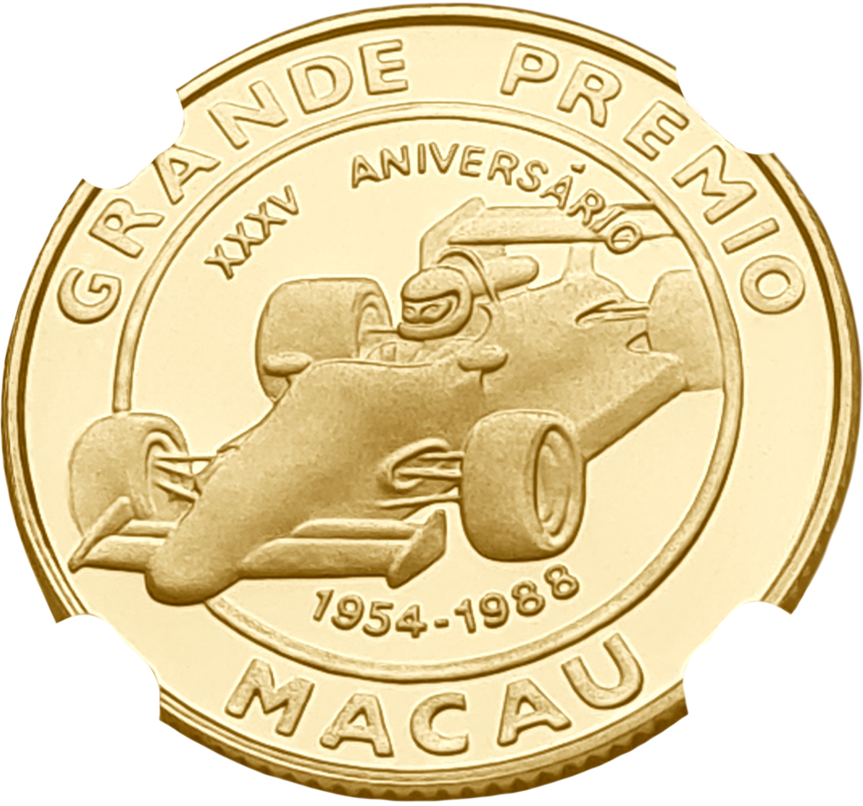 картинка Макао. 500 Патак 1988 г. Золото. 7.99 г*0.917 0.2355 oz. Формула-1. СЛАБ NGC PF 68 ULTRA CAMEO! от магазина Одежда+