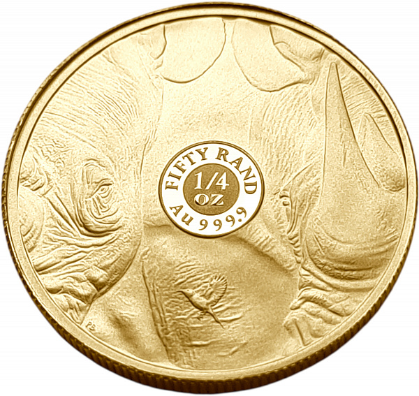 картинка ЮАР. 50 Рандов 2025г. Золото. 7.777 г*0.9999 0.25 oz. Большая Пятерка! Носорог! Коробка, Сертификат! от магазина Одежда+ 2