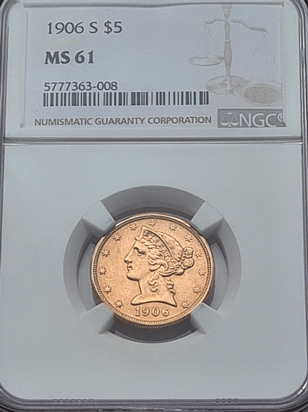 картинка США. 5 Долларов 1906 г. Золото. 8.359 г*0.900 0.2419 oz. (S). СЛАБ NGC MS 61! от магазина Одежда+ 3