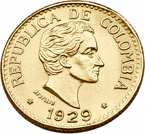картинка Колумбия. 5 Песо 1929 г. Золото. 7.9881 г*0.917 0.2355 oz. от магазина Одежда+