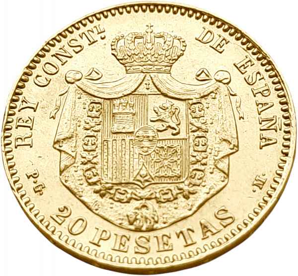 картинка Испания. 20 Песет 1892(1892) г. Золото. 6.45 г*0.900 0.1866 oz. Альфонсо XIII. Второй портрет! от магазина Одежда+ 2