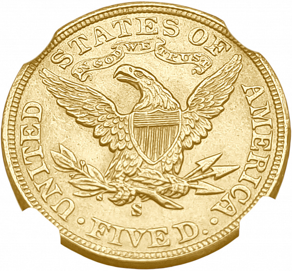 картинка США. 5 Долларов 1906 г. Золото. 8.359 г*0.900 0.2419 oz. (S). СЛАБ NGC MS 61! от магазина Одежда+ 2