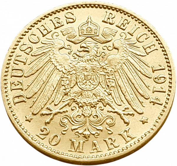 картинка Баден. 20 Марок 1914 г. Золото. 7.965 г*0.900 0.2305 oz. от магазина Одежда+ 2