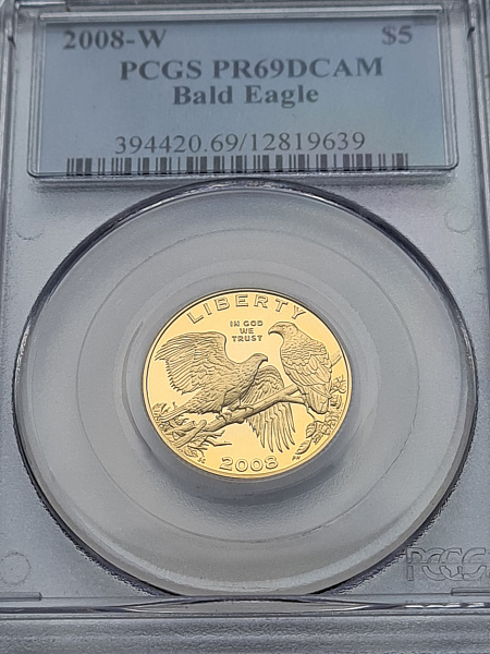 картинка США. 5 Долларов 2008 г. Золото. 8.359 г*0.900 0.2419 oz. СЛАБ PCGS PR 69 DCAM! от магазина Одежда+ 3