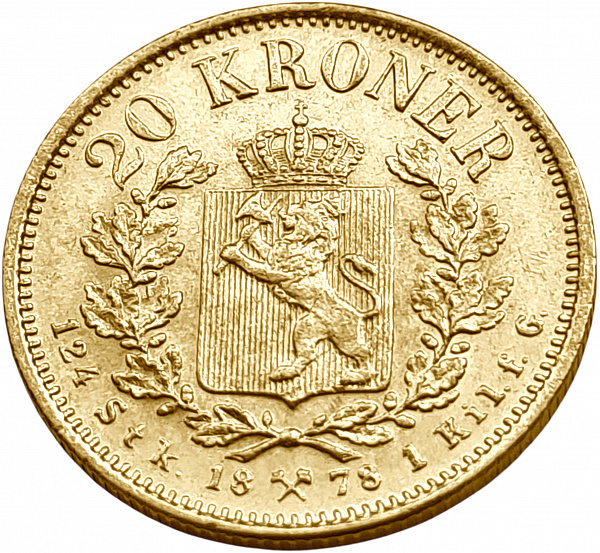 картинка Норвегия. 20 Крон 1878 г. Золото. 8.96 г*0.900 0.2593 oz. от магазина Одежда+ 2