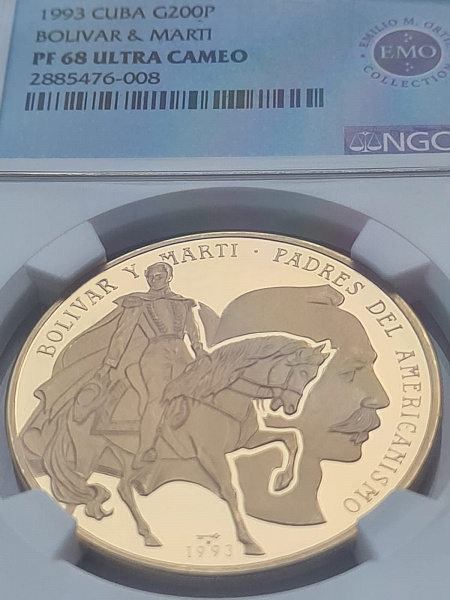 картинка Куба. 200 Песо 1993 г. Золото. 31.1 г*0.900 0.9 oz. Симон Боливар и Хосе Марти! ТИРАЖ 150 ЭКЗ! СЛАБ NGC PF 68 ULTRA CAMEO! от магазина Одежда+ 3