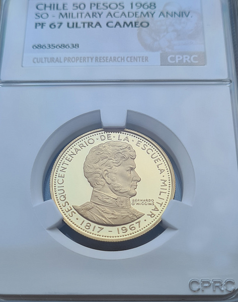 картинка Чили. 50 Песо 1968 г. Золото. 10.17 г*0.900 0.2943 oz. 150 лет Военной Академии! СЛАБ CPRC PF 67 ULTRA CAMEO! от магазина Одежда+ 3