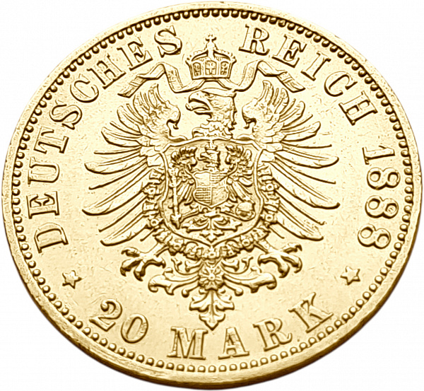 картинка Пруссия. 20 Марок 1888 г. Золото. 7.965 г*0.900 0.2305 oz. от магазина Одежда+ 2
