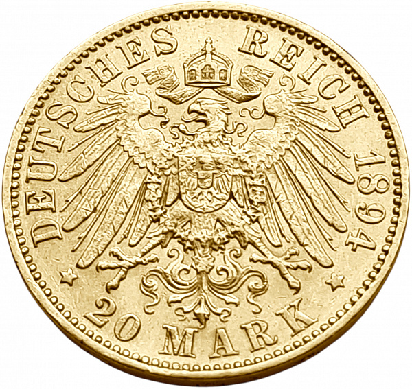 картинка Саксония. 20 Марок 1894 г. Золото. 7.965 г*0.900 0.2305 oz. от магазина Одежда+ 2