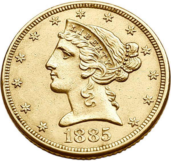 картинка США. 5 Долларов 1885 г. Золото. 8.359 г*0.900 0.2419 oz. от магазина Одежда+
