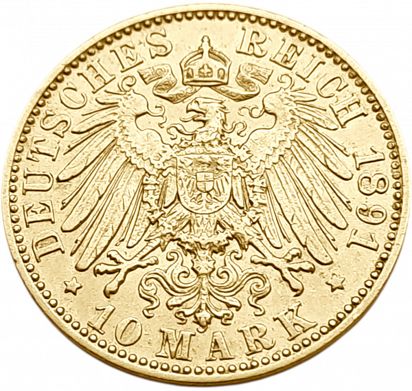 картинка Саксония. 10 Марок 1891 г. Золото. 3.982 г*0.900 0.1152 oz. от магазина Одежда+ 2