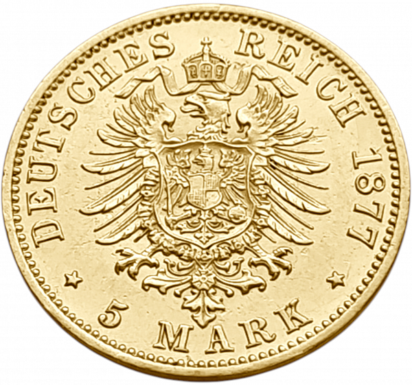 картинка Пруссия. 5 Марок 1877 г. Золото. 1.991 г*0.900 0.0576 oz. от магазина Одежда+ 2
