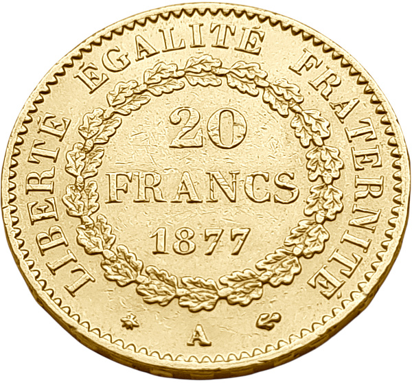картинка Франция. 20 Франков 1877 г. Золото. 6.45161 г*0.900 0.1867 oz. от магазина Одежда+ 2