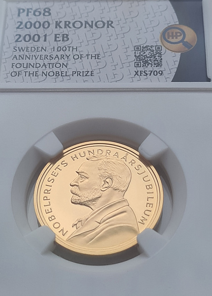 картинка Швеция. 2000 Крон 2001 г. Золото. 12.0 г*0.900 0.3472 oz. Нобелевская Премия! СЛАБ ННР PF 68! от магазина Одежда+ 3