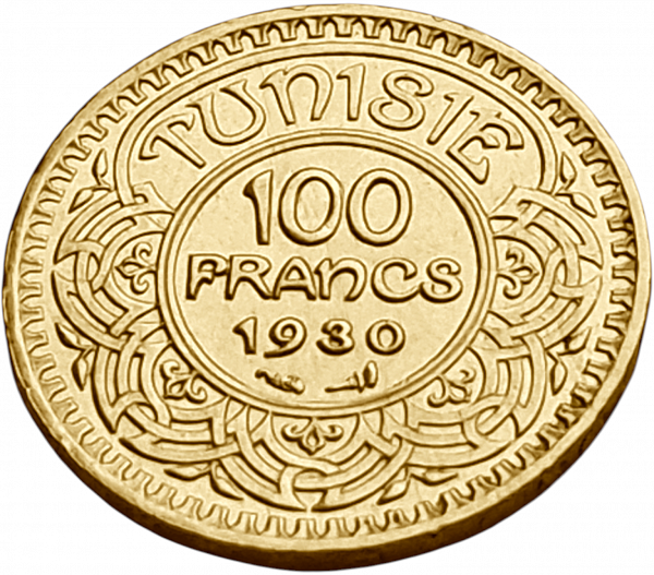 картинка Тунис. 100 Франков 1930 (1349) г. Золото. 6.55 г*0.900 0.1895 oz. от магазина Одежда+