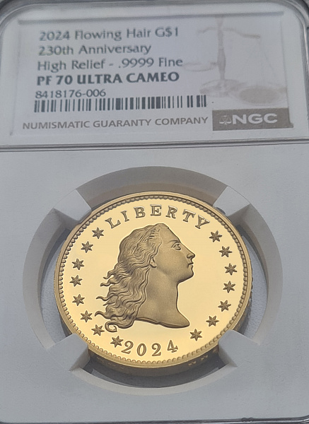 картинка США. 1 Доллар 2024 г. Золото. 31.1035 г*0.9999 1.0 oz. Свобода-Распущенные Волосы! Высокий Рельеф! СЛАБ NGC PF 70 ULTRA CAMEO! от магазина Одежда+ 3