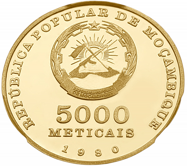 картинка Мозамбик. 5000 Метика 1980 г. Золото 17.279 г*0.900 0.5 oz. СЛАБ PCGS PR69DCAM! от магазина Одежда+ 2