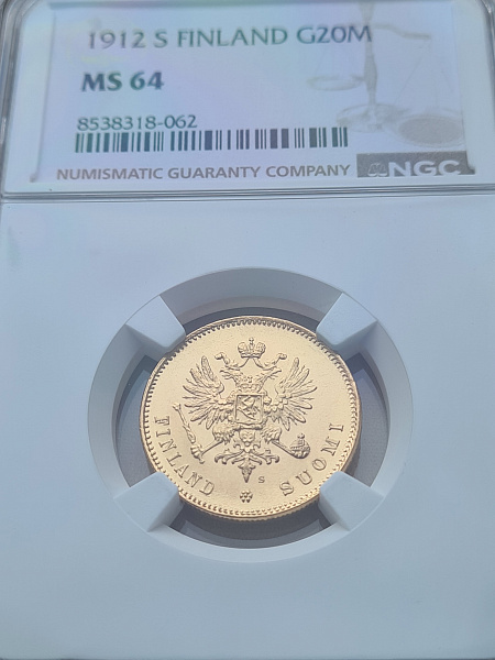 картинка Финляндия. Россия. 20 Марок 1912г. Золото. 6.4516г*0.900 0.1867 oz. (S). СЛАБ NGC MS64! от магазина Одежда+ 3