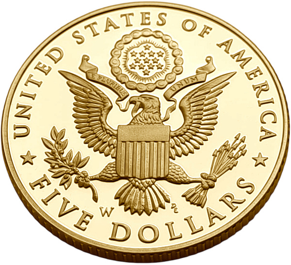 картинка США. 5 Долларов 2008 г. Золото. 8.359 г*0.900 0.2419 oz. СЛАБ PCGS PR 69 DCAM! от магазина Одежда+ 2