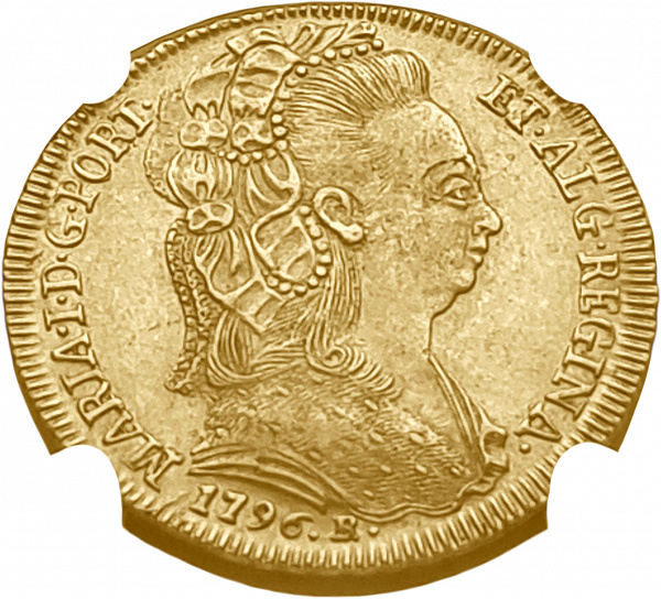 картинка Бразилия. 6400 Рейс 1796 г. Золото. 14.34 г*0.917 0.4229 oz. СЛАБ NGC AU 58! от магазина Одежда+