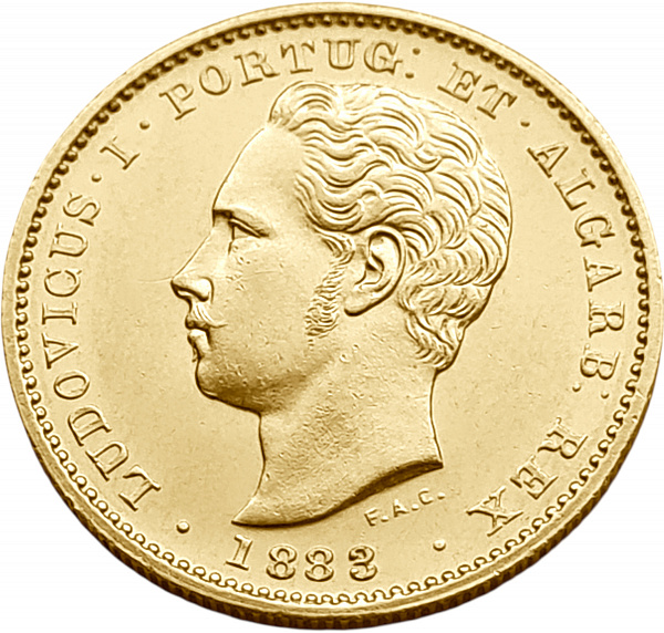 картинка Португалия. 5000 Рейс 1883 г. Золото. 8.8675 г*0.917 0.2614 oz. СЛАБ CPRC MS 61! от магазина Одежда+