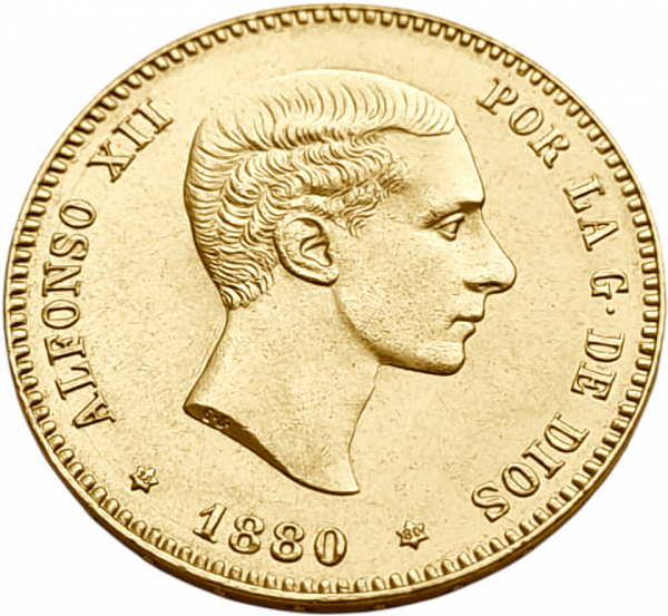 картинка Испания. 25 Песет 1880(1880) г. Золото. 8.0645 г*0.900 0.2333 oz. от магазина Одежда+