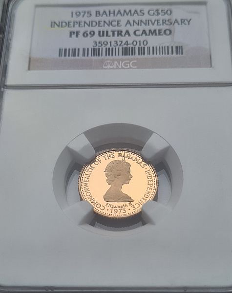 картинка Багамы. 50 Долларов 1975 г. Золото. 2.73 г*0.917 0.0805 oz. СЛАБ NGC PF 69 ULTRA CAMEO! от магазина Одежда+ 3