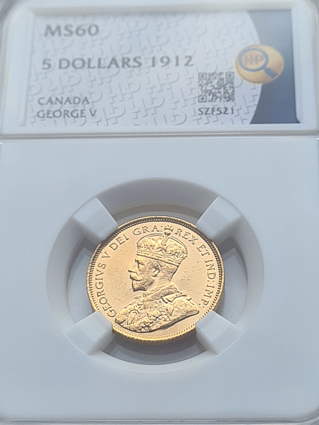 картинка Канада. 5 Долларов 1912 г. Золото. 8.36 г*0.900 0.2419 oz. СЛАБ ННР MS 60! от магазина Одежда+ 3