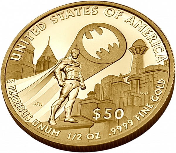 картинка США. 50 Долларов 2025 г. Золото. 15.55 г*0.9999 0.5 oz. Пруф! Бэтмен! от магазина Одежда+ 2