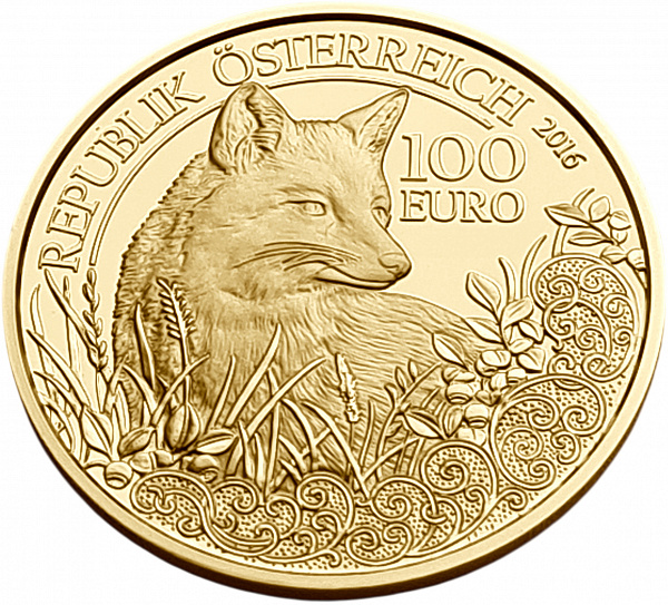 картинка Австрия. 100 Евро 2016 г. Золото. 16.23 г*0.986 0.5145 oz. Дикая Природа! Лиса! Сертификат! от магазина Одежда+