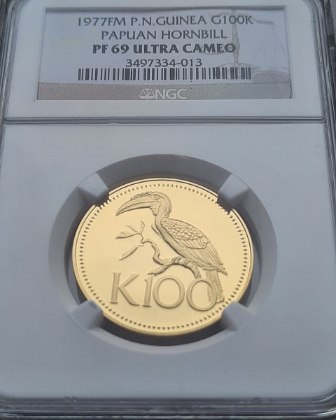 картинка Папуа Новая Гвинея. 100 Кина 1977 г. Золото. 9.57 г*0.900 0.2769 oz. Птица-Носорог! от магазина Одежда+ 3
