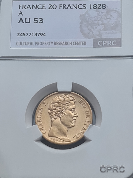 картинка Франция. 20 Франков 1828 г. Золото. 6.4516 г*0.900 0.1867 oz. СЛАБ CPRC AU 53! от магазина Одежда+ 3