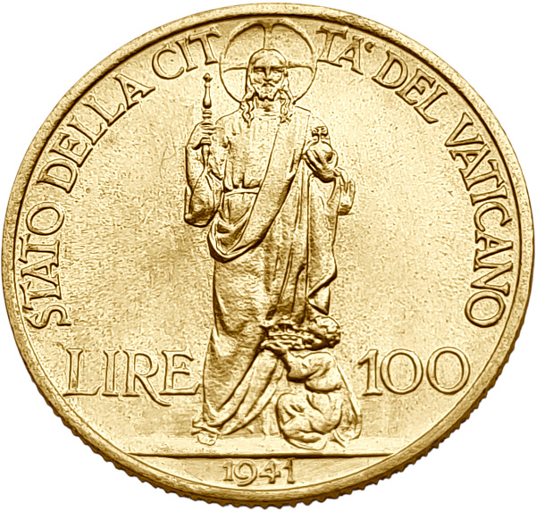 картинка Ватикан. 100 Лир 1941 г. Золото. 5.19 г*0.900 0.1502 oz. от магазина Одежда+