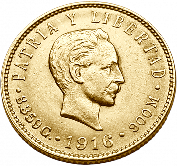 картинка Куба. 5 Песо 1916 г. Золото. 8.359 г*0.900 0.2419 oz. от магазина Одежда+